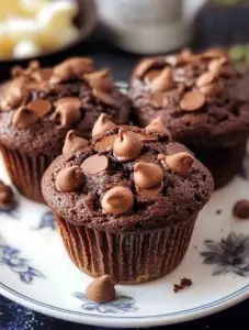 Close-up of a moist chocolate muffin topped with chocolate chips, displayed on a floral white plate with more muffins in the background.