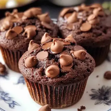 Close-up of a moist chocolate muffin topped with chocolate chips, displayed on a floral white plate with more muffins in the background.