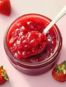 A top-down view of a glass jar filled with glossy, chunky strawberry jam, with a spoon scooping out the jam, surrounded by fresh strawberries on a pastel pink background.