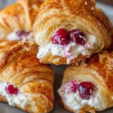 Flaky golden croissants stuffed with cream cheese and cherry pie filling, served on a plate—perfect for a quick air fryer dessert or brunch pastry.