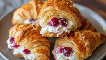 Four golden croissants filled with creamy white cheese and vibrant cherries, arranged on a gray plate—perfect for a quick and easy air fryer dessert.