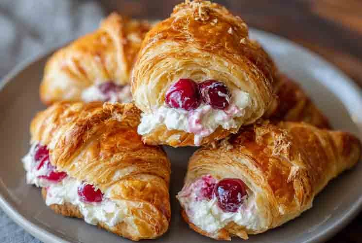 Four golden croissants filled with creamy white cheese and vibrant cherries, arranged on a gray plate—perfect for a quick and easy air fryer dessert.