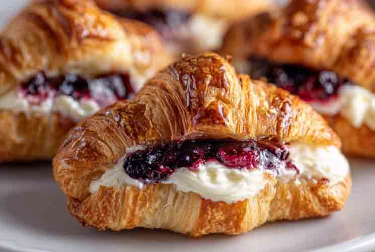 Golden air fryer croissants with creamy white filling and glossy cherry topping, served on a white plate—perfect for an easy crescent roll dessert.