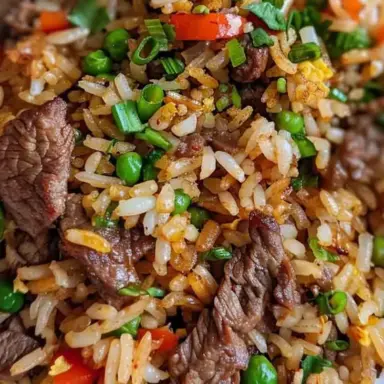 Close-up of homemade beef fried rice with tender sliced steak, peas, carrots, and green onions in a savory soy-based sauce.