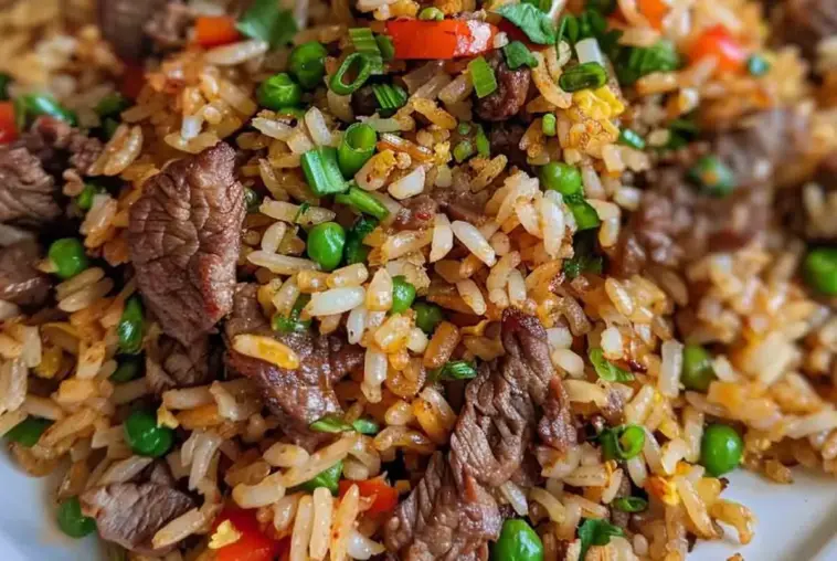 Close-up of homemade beef fried rice with tender sliced steak, peas, carrots, and green onions in a savory soy-based sauce.