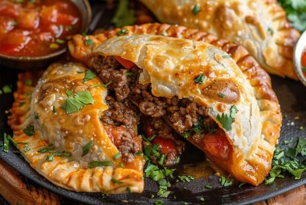 Close-up of golden-brown Beef and Cheese Empanadas filled with seasoned ground beef, melted cheese, and diced tomatoes, garnished with fresh cilantro.