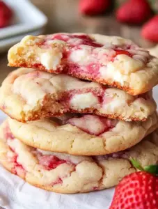 Stack of homemade Strawberry Cheesecake Cookies filled with gooey cream cheese and swirls of strawberry jam, with one cookie broken to show the soft interior.
