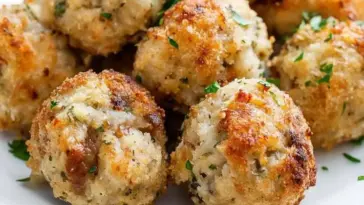 Close-up of golden, crispy stuffing balls made with breadcrumbs and herbs, served on a white plate and garnished with parsley.