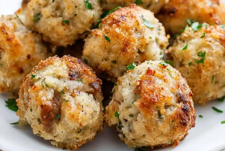 Close-up of golden, crispy stuffing balls made with breadcrumbs and herbs, served on a white plate and garnished with parsley.