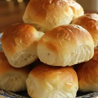 A plate of golden, fluffy homemade yeast rolls with a soft, airy texture and shiny butter-brushed tops, stacked high and ready to serve.