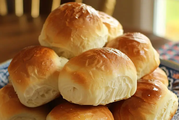 A close-up of soft, buttery homemade yeast rolls stacked on a plate, with golden brown tops and fluffy layers showing through the sides.