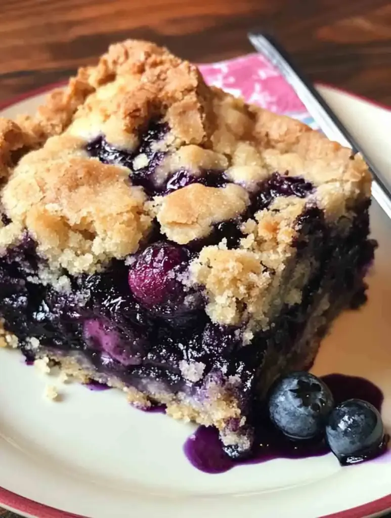 A close-up of a thick slice of blueberry buckle showing layers of juicy blueberries and golden brown crumb topping, served with fresh blueberries on the side.