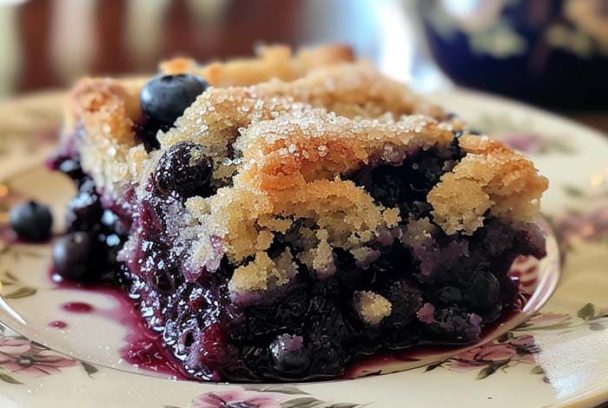 Close-up of a slice of blueberry buckle topped with a golden brown sugar streusel, served on a floral-patterned plate with fresh blueberries and juicy filling oozing out.