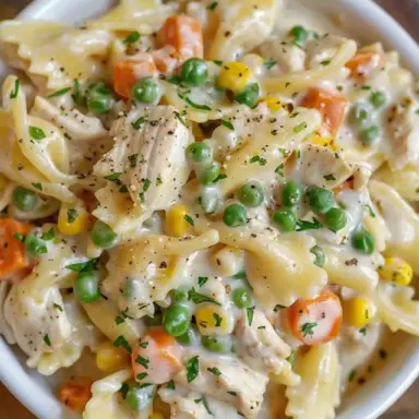 Bowl of creamy chicken pot pie pasta with bowtie noodles, peas, carrots, corn, and shredded chicken in a white sauce, topped with black pepper and parsley.