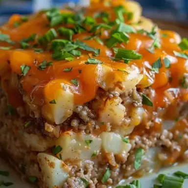 Close-up of Cowboy Meatloaf and Potato Casserole with layers of ground beef, diced potatoes, melted cheddar cheese, and fresh parsley on top.