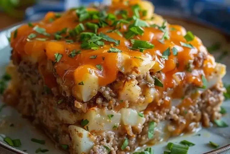 Close-up of Cowboy Meatloaf and Potato Casserole with layers of ground beef, diced potatoes, melted cheddar cheese, and fresh parsley on top.