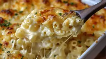 Golden baked mac and cheese being scooped from a casserole dish, showing stretchy melted cheese and creamy pasta.