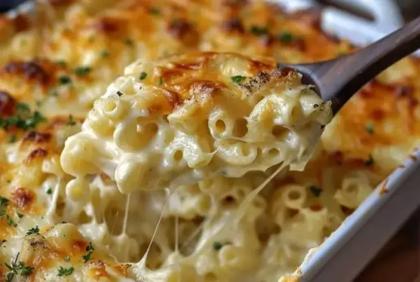 Golden baked mac and cheese being scooped from a casserole dish, showing stretchy melted cheese and creamy pasta.