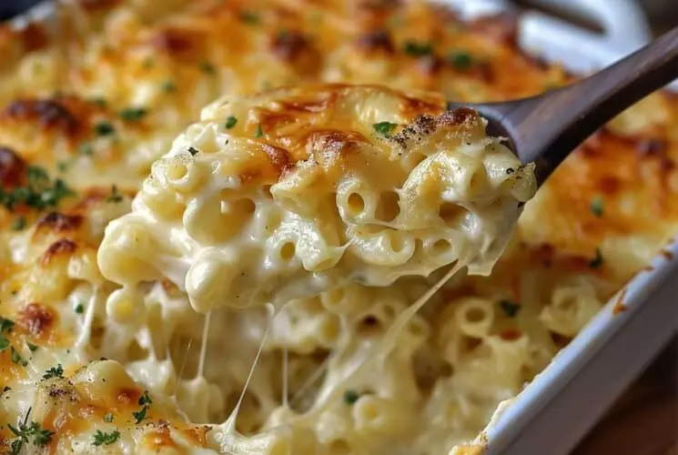 Golden baked mac and cheese being scooped from a casserole dish, showing stretchy melted cheese and creamy pasta.