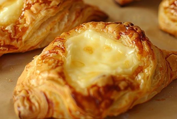 Golden Crescent Cheese Danish with rich cream cheese filling and flaky, buttery layers on parchment paper.