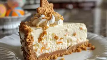 A beautifully plated slice of Easter carrot cake cheesecake featuring a thick graham cracker crust, creamy cheesecake with visible carrot shreds, whipped topping, toasted coconut, and a star-shaped cookie on top, with colorful Easter eggs blurred in the background.