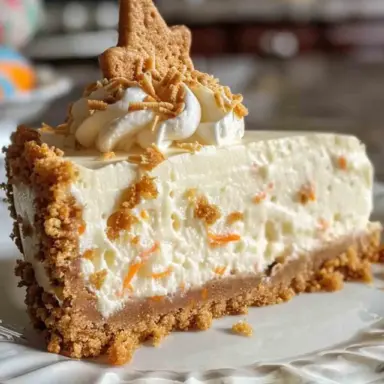 A slice of Easter carrot cake cheesecake on a white plate, featuring a creamy cheesecake layer with grated carrot pieces, a thick graham cracker crust, whipped topping, toasted coconut, and a star-shaped cookie garnish.