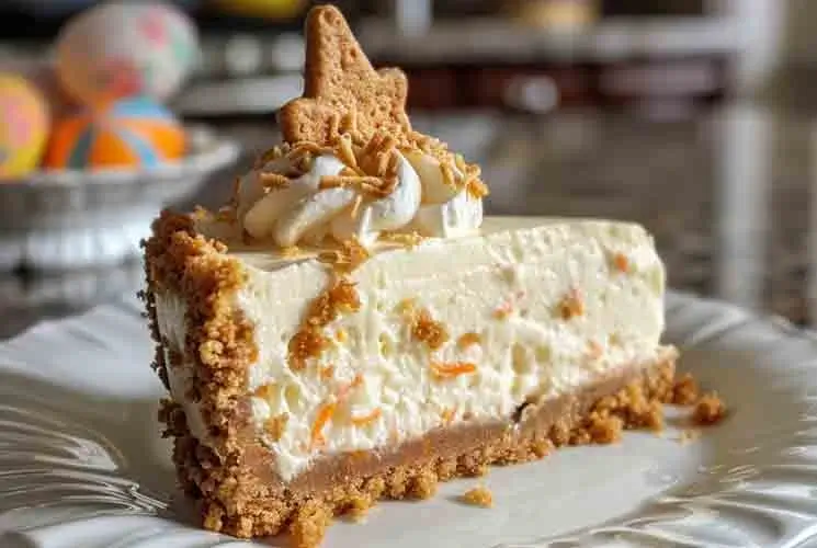 A beautifully plated slice of Easter carrot cake cheesecake featuring a thick graham cracker crust, creamy cheesecake with visible carrot shreds, whipped topping, toasted coconut, and a star-shaped cookie on top, with colorful Easter eggs blurred in the background.
