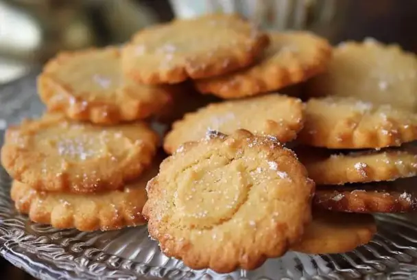 A plate of golden French butter cookies (sablés) with scalloped edges and sugar sprinkled on top, arranged on a decorative glass serving tray.