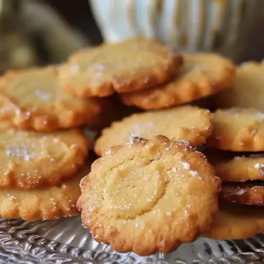Close-up of golden French butter cookies (sablés bretons) with scalloped edges and sugar sprinkled on top, stacked on a vintage glass cake stand.