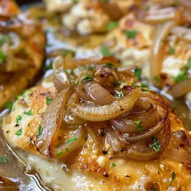 Close-up of skillet French onion chicken breast topped with caramelized onions and melted cheese, garnished with fresh parsley in a rich onion broth.