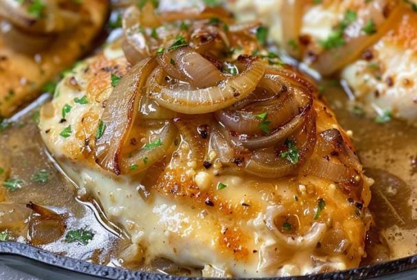 Golden-seared chicken breast topped with caramelized onions and melted cheese, simmering in onion gravy in a black skillet.
