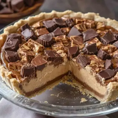 A sliced Giant Reese’s Peanut Butter Cup Pie in a glass dish, showing thick layers of chocolate and creamy peanut butter filling, topped with chopped Reese’s cups.