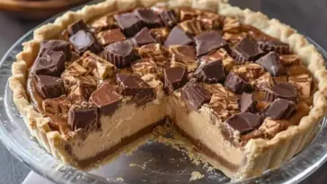 Close-up of a no-bake Giant Reese’s Peanut Butter Cup Pie with a flaky crust, creamy peanut butter filling, and chopped peanut butter cups on top.