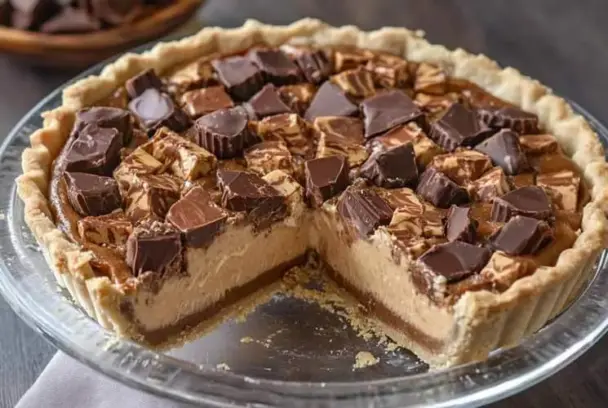 Close-up of a no-bake Giant Reese’s Peanut Butter Cup Pie with a flaky crust, creamy peanut butter filling, and chopped peanut butter cups on top.