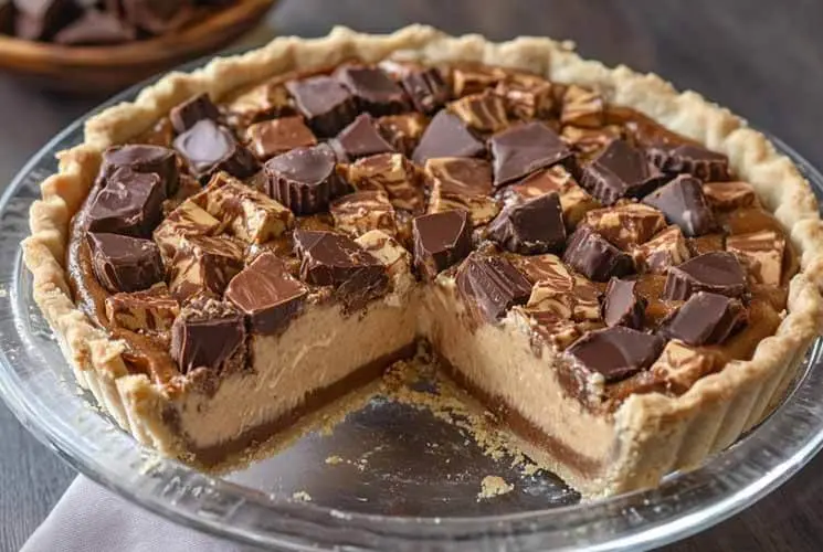 Close-up of a no-bake Giant Reese’s Peanut Butter Cup Pie with a flaky crust, creamy peanut butter filling, and chopped peanut butter cups on top.