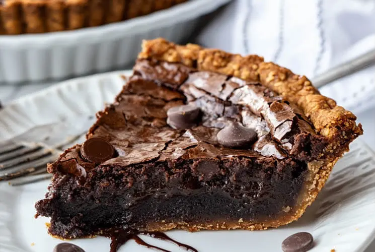 A decadent slice of gooey brownie pie with a glossy, cracked top and melted chocolate center on a white plate with chocolate chips.