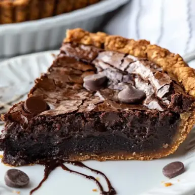 Close-up of a rich, gooey brownie pie slice with a fudgy chocolate center, crisp top, and buttery pie crust on a white plate.