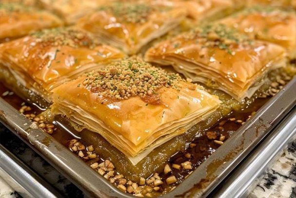 Greek Baklava slices in a tray with golden phyllo layers, walnut filling, and sticky honey syrup.