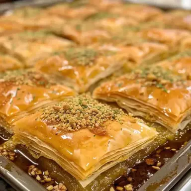 Close-up of golden homemade Greek Baklava in a baking tray, featuring crisp phyllo layers, chopped walnuts, and glistening honey syrup.