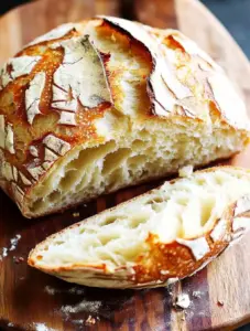 Sliced no-knead artisan bread with a golden, crispy crust and airy interior, served on a wooden cutting board.