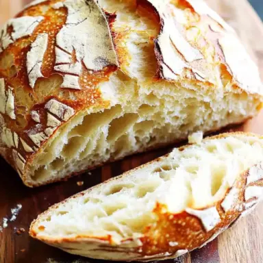 Sliced no-knead artisan bread with a golden, crispy crust and airy interior, served on a wooden cutting board.