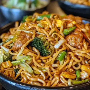 Close-up of a bowl of homemade Lo Mein with stir-fried noodles, broccoli, scallions, and crispy chicken tossed in a savory soy-based sauce.