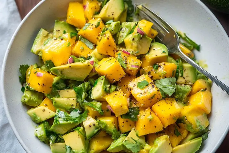 Close-up of a mango avocado salad with diced mango, avocado, red onion, and cilantro in a white bowl, served with a fork and black pepper on top