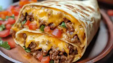 Stacked beef and cheese wrap cut in half, featuring melted nacho cheese, spiced ground beef, diced tomatoes, and fresh herbs inside a grilled tortilla on a wooden plate.