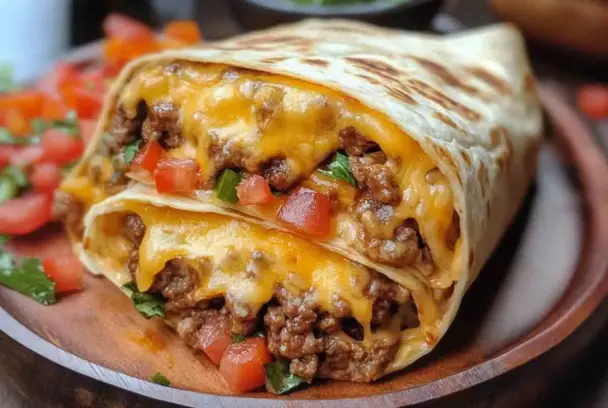 Stacked beef and cheese wrap cut in half, featuring melted nacho cheese, spiced ground beef, diced tomatoes, and fresh herbs inside a grilled tortilla on a wooden plate.