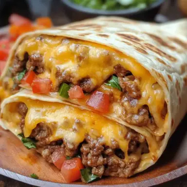 Close-up of a cheesy nacho beef wrap sliced in half, showing melted cheese, seasoned ground beef, fresh diced tomatoes, and herbs inside a grilled tortilla.