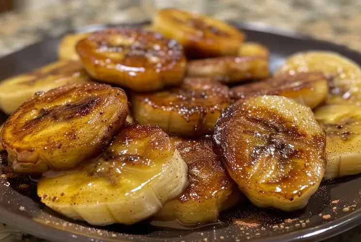 Close-up of pan fried cinnamon bananas, perfectly caramelized with golden edges and sprinkled with cinnamon, served on a dark plate.