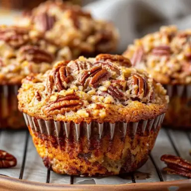 Close-up of a gooey pecan pie muffin in a silver liner, topped with toasted pecans, resting on a cooling rack.