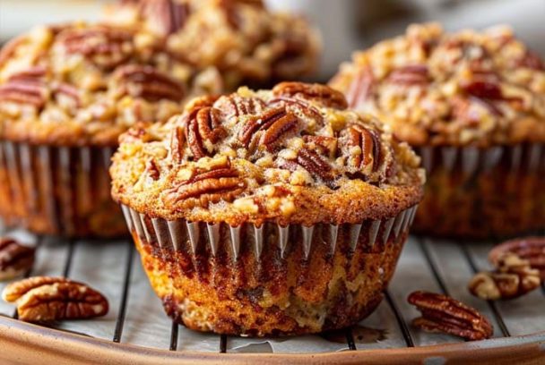 Square photo of a golden brown pecan pie muffin in a silver liner, topped with whole and chopped pecans, sitting on a ceramic tray.