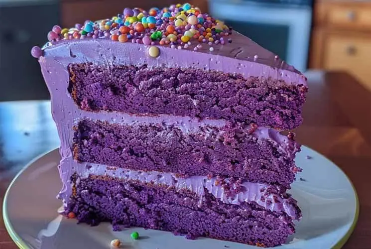 Three-layer purple velvet cake with smooth light purple frosting and topped with multicolored candy sprinkles, displayed on a white plate in a cozy kitchen setting.